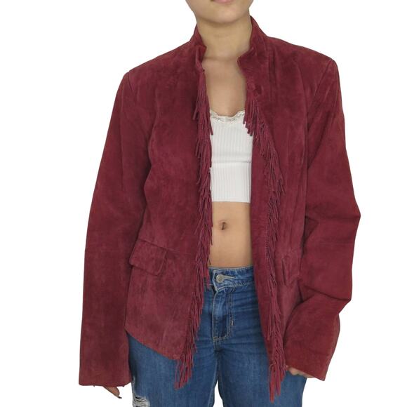 Pamela McCoy 1990s Vintage Leather Jacket Burgundy Suede Leather Jacket Medium - Picture 6 of 8